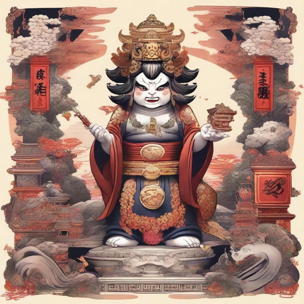 Detailed and captivating illustration of the mythical character, Sukuna, positioned proudly on his shrine. He emanates an air of power and dominance, and the shrine is intricately decorated with traditional symbols.