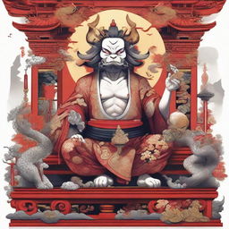 Detailed and captivating illustration of the mythical character, Sukuna, positioned proudly on his shrine. He emanates an air of power and dominance, and the shrine is intricately decorated with traditional symbols.