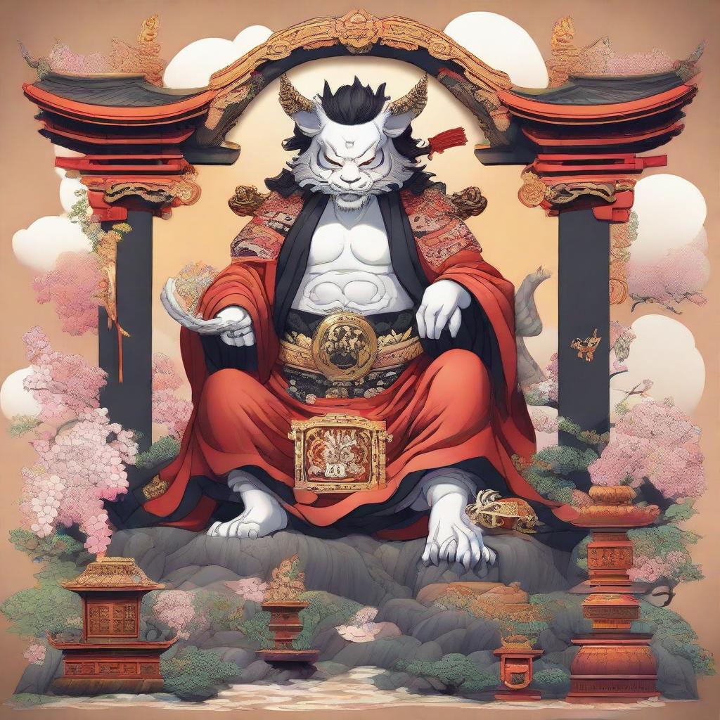 Detailed and captivating illustration of the mythical character, Sukuna, positioned proudly on his shrine. He emanates an air of power and dominance, and the shrine is intricately decorated with traditional symbols.