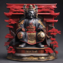 Create a striking image of Ryomen Sukuna, the powerful mythic figure from Japanese folklore, majestically perched atop his intricately designed shrine, emanating authority and power.