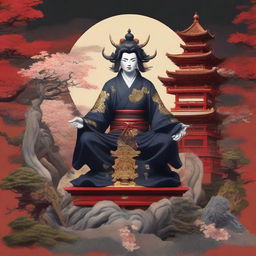 Create a striking image of Ryomen Sukuna, the powerful mythic figure from Japanese folklore, majestically perched atop his intricately designed shrine, emanating authority and power.