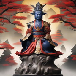 Create a striking image of Ryomen Sukuna, the powerful mythic figure from Japanese folklore, majestically perched atop his intricately designed shrine, emanating authority and power.