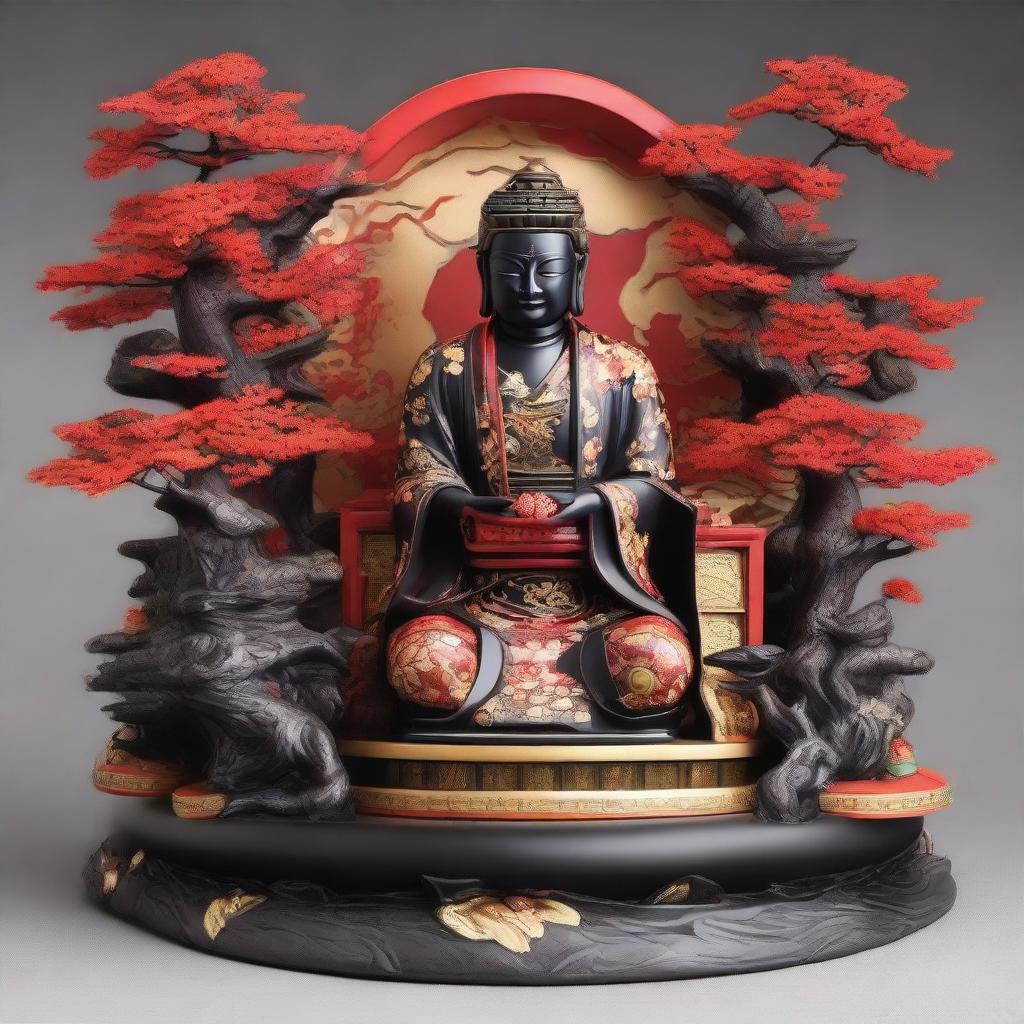 Create a striking image of Ryomen Sukuna, the powerful mythic figure from Japanese folklore, majestically perched atop his intricately designed shrine, emanating authority and power.