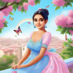 A cute Indian girl with a fair skin tone and a ponytail, wearing a light blue dress, sitting on a balcony with a pink tree nearby. The sky is blue with a rainbow, and butterflies are fluttering in front of her.