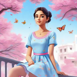 A cute Indian girl with a fair skin tone and a ponytail, wearing a light blue dress, sitting on a balcony with a pink tree nearby. The sky is blue with a rainbow, and butterflies are fluttering in front of her.