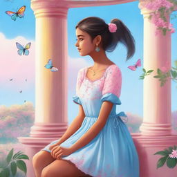 A cute Indian girl with a fair skin tone and a ponytail, wearing a light blue dress, sitting on a balcony with a pink tree nearby. The sky is blue with a rainbow, and butterflies are fluttering in front of her.