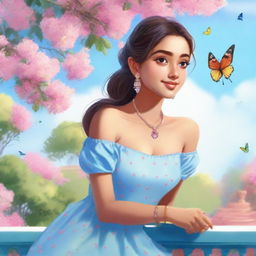 A cute Indian girl with a fair skin tone and a ponytail, wearing a light blue dress, sitting on a balcony with a pink tree nearby. The sky is blue with a rainbow, and butterflies are fluttering in front of her.