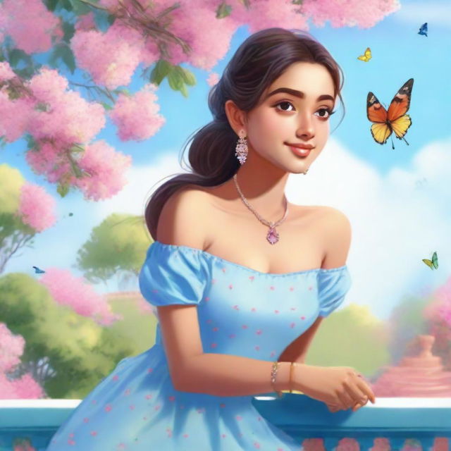 A cute Indian girl with a fair skin tone and a ponytail, wearing a light blue dress, sitting on a balcony with a pink tree nearby. The sky is blue with a rainbow, and butterflies are fluttering in front of her.