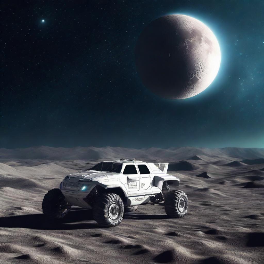 A futuristic vehicle on the moon's surface under the vast starry sky.