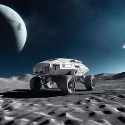 A futuristic vehicle on the moon's surface under the vast starry sky.