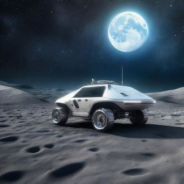 A futuristic vehicle on the moon's surface under the vast starry sky.