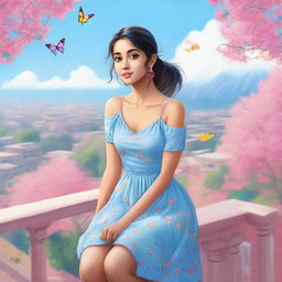 A cute, slim Indian girl with a fair skin tone and a ponytail, wearing a light blue dress, sitting on a balcony with a pink tree nearby. The sky is a clear blue with a rainbow, and butterflies flying around her.