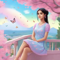 A cute, slim Indian girl with a fair skin tone and a ponytail, wearing a light blue dress, sitting on a balcony with a pink tree nearby. The sky is a clear blue with a rainbow, and butterflies flying around her.