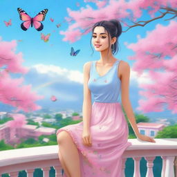 A cute, slim Indian girl with a fair skin tone and a ponytail, wearing a light blue dress, sitting on a balcony with a pink tree nearby. The sky is a clear blue with a rainbow, and butterflies flying around her.