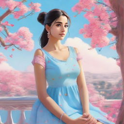 A cute, slim Indian girl with a fair skin tone and a ponytail, wearing a light blue dress, sitting on a balcony with a pink tree nearby. The sky is a clear blue with a rainbow, and butterflies flying around her.