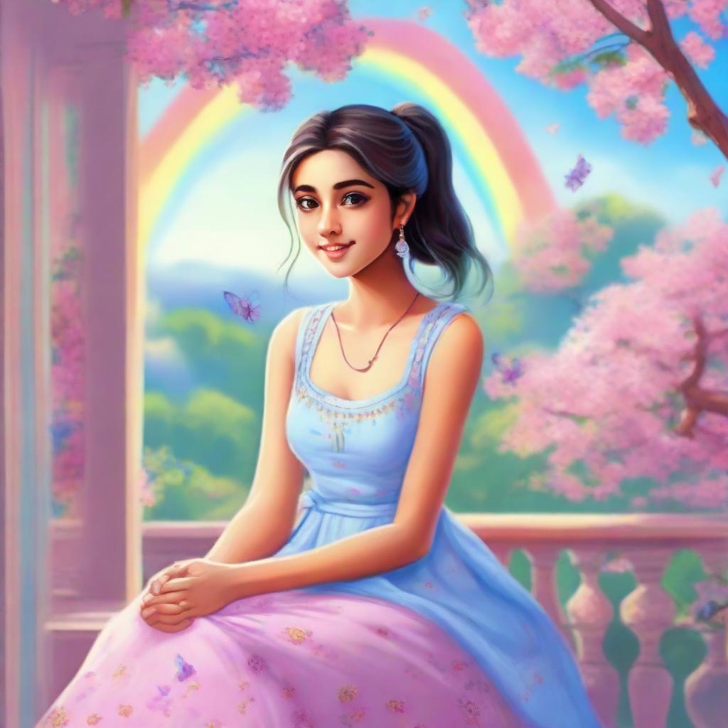 A cute, slim Indian girl with fair skin tone, rosy cheeks, and a ponytail, wearing a light blue dress, sitting on a balcony with a pink tree nearby. The sky is a vivid blue with a rainbow, and butterflies are fluttering near her.