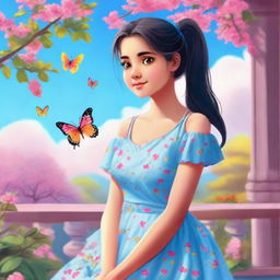 A cute, slim Indian girl with fair skin tone, rosy cheeks, and a ponytail, wearing a light blue dress, sitting on a balcony with a pink tree nearby. The sky is a vivid blue with a rainbow, and butterflies are fluttering near her.