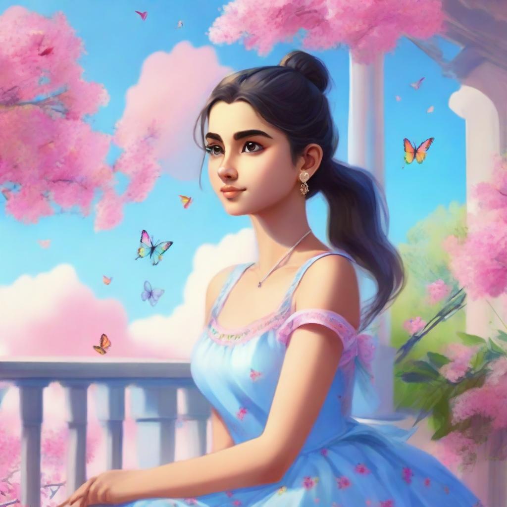 A cute, slim Indian girl with fair skin tone, rosy cheeks, and a ponytail, wearing a light blue dress, sitting on a balcony with a pink tree nearby. The sky is a vivid blue with a rainbow, and butterflies are fluttering near her.