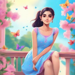 A cute, slim Indian girl with fair skin tone, rosy cheeks, and a ponytail, wearing a light blue dress, sitting on a balcony with a pink tree nearby. The sky is a vivid blue with a rainbow, and butterflies are fluttering near her.