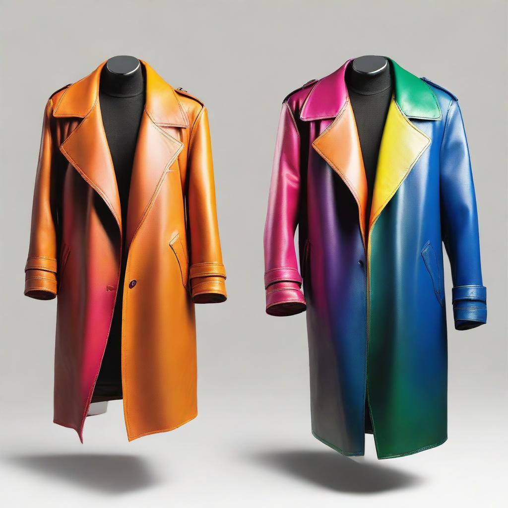 Generate an image of a colorful, full-length leather jacket.