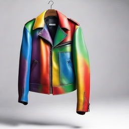 Generate an image of a colorful, full-length leather jacket.