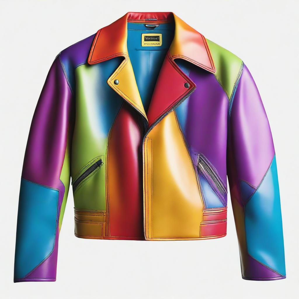 Generate an image of a colorful, full-length leather jacket.