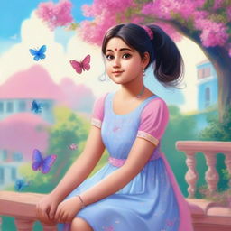 A cute, slightly chubby Indian girl with fair skin, rosy cheeks, and a ponytail, wearing a plain light blue dress, sitting on a balcony with a pink tree nearby. The sky is a rich blue with a rainbow, and butterflies are fluttering near her.