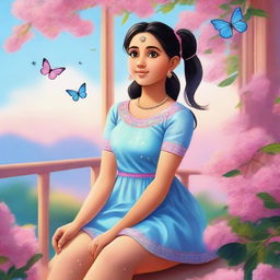 A cute, slightly chubby Indian girl with fair skin, rosy cheeks, and a ponytail, wearing a plain light blue dress, sitting on a balcony with a pink tree nearby. The sky is a rich blue with a rainbow, and butterflies are fluttering near her.