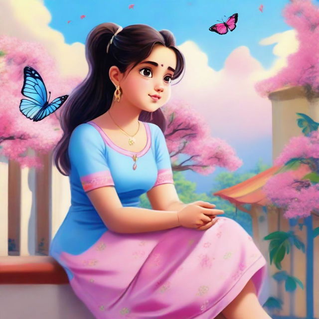 A cute, slightly chubby Indian girl with fair skin, rosy cheeks, and a ponytail, wearing a plain light blue dress, sitting on a balcony with a pink tree nearby. The sky is a rich blue with a rainbow, and butterflies are fluttering near her.