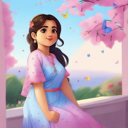 A cute, slightly chubby Indian girl with fair skin, rosy cheeks, and a ponytail, wearing a plain light blue dress, sitting on a balcony with a pink tree nearby. The sky is a rich blue with a rainbow, and butterflies are fluttering near her.