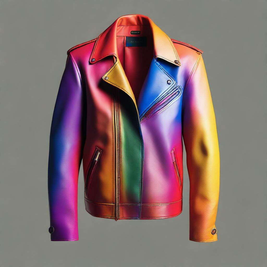 Generate an image of a colorful, full-length leather jacket.