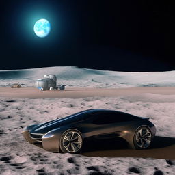 A sleek, futuristic car parked on the dusty surface of the moon with the Earth visible in the background