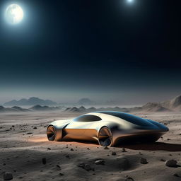 A sleek, futuristic car parked on the dusty surface of the moon with the Earth visible in the background