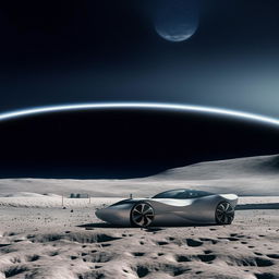 A sleek, futuristic car parked on the dusty surface of the moon with the Earth visible in the background