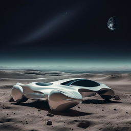 A sleek, futuristic car parked on the dusty surface of the moon with the Earth visible in the background