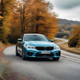 A light blue BMW M5 CS parked on a road strewn with autumnal leaves, under a wide open sky.