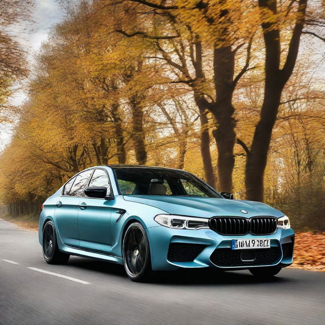 A light blue BMW M5 CS parked on a road strewn with autumnal leaves, under a wide open sky.