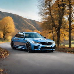 A light blue BMW M5 CS parked on a road strewn with autumnal leaves, under a wide open sky.