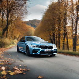 A light blue BMW M5 CS parked on a road strewn with autumnal leaves, under a wide open sky.