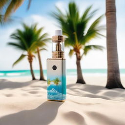 A high-quality vape device amidst sea waves with white sands nestled between two palm trees.