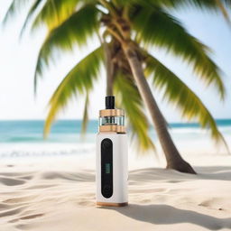 A high-quality vape device amidst sea waves with white sands nestled between two palm trees.