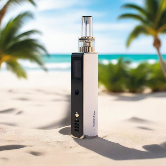 A high-quality vape device amidst sea waves with white sands nestled between two palm trees.