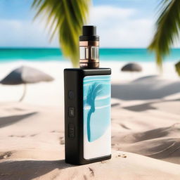 A high-quality vape device amidst sea waves with white sands nestled between two palm trees.