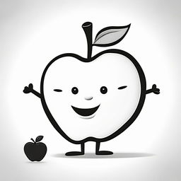 Create a black and white, child-friendly illustration of a cheerful apple. The image should be dynamic, engaging, and suitable for exploration by 2-5-year-olds. Set against a white background to highlight its features.