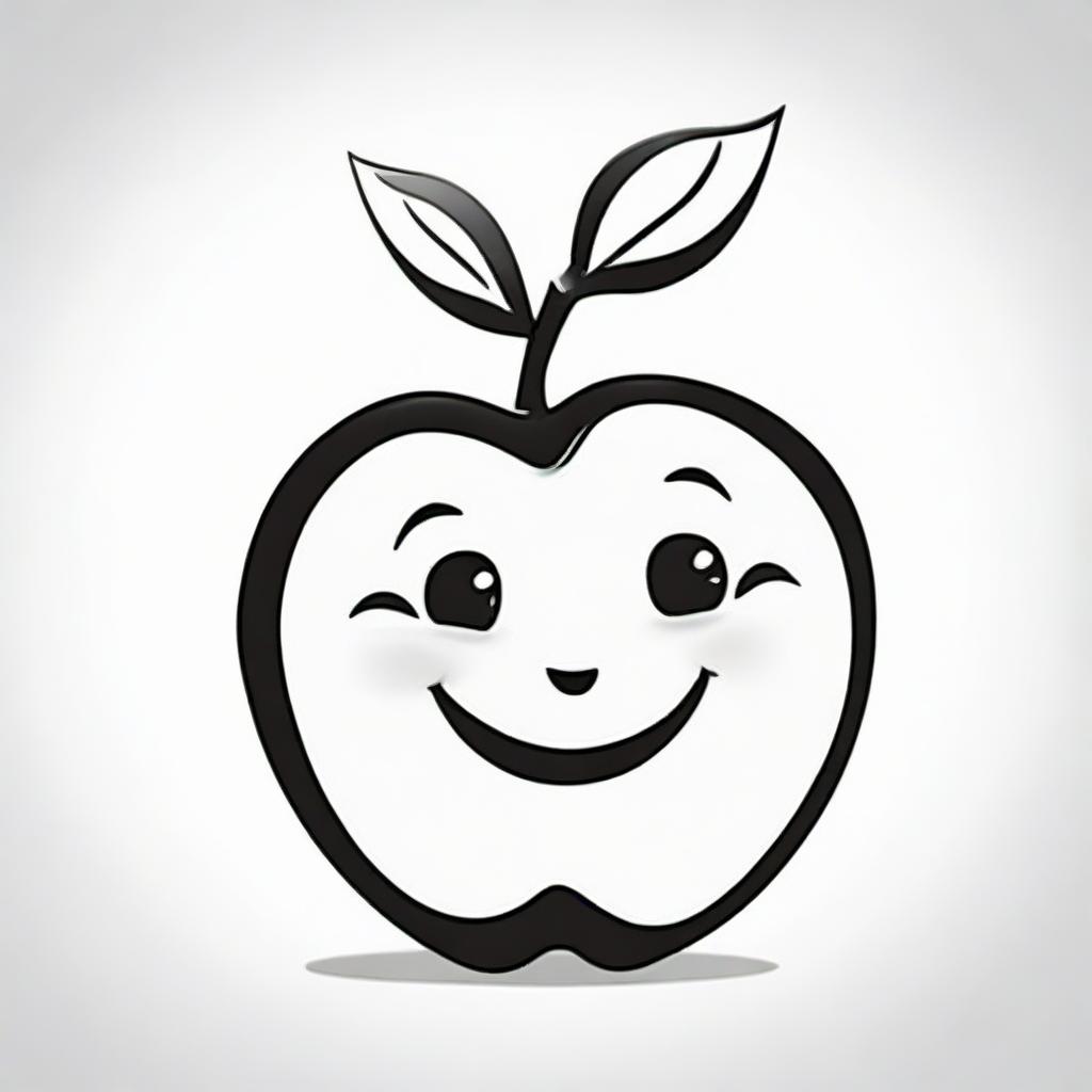 Create a black and white, child-friendly illustration of a cheerful apple. The image should be dynamic, engaging, and suitable for exploration by 2-5-year-olds. Set against a white background to highlight its features.