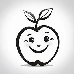 Create a black and white, child-friendly illustration of a cheerful apple. The image should be dynamic, engaging, and suitable for exploration by 2-5-year-olds. Set against a white background to highlight its features.