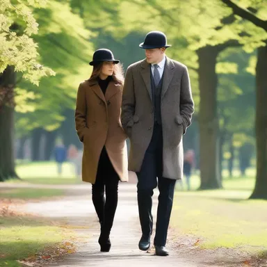 The young couple went for a leisurely stroll in the park, with the man enjoying the sun in his deerstalker hat.