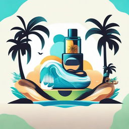 A vibrant logo featuring a sleek vape device, swirling sea waves, pristine white sand and nestled amid lush palm trees.