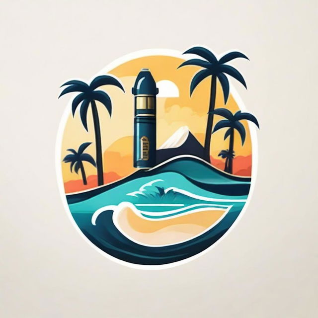 A vibrant logo featuring a sleek vape device, swirling sea waves, pristine white sand and nestled amid lush palm trees.