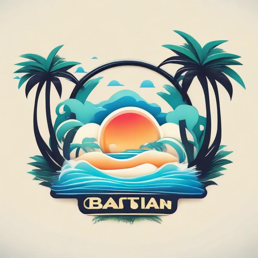 A vibrant logo featuring a sleek vape device, swirling sea waves, pristine white sand and nestled amid lush palm trees.